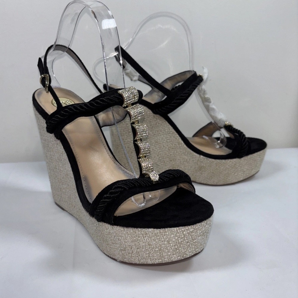 Exe Rosa Pave Cord Platform Wedge Sandals Sz 41 Gold Tone Rhinestone‎ Boho Goth